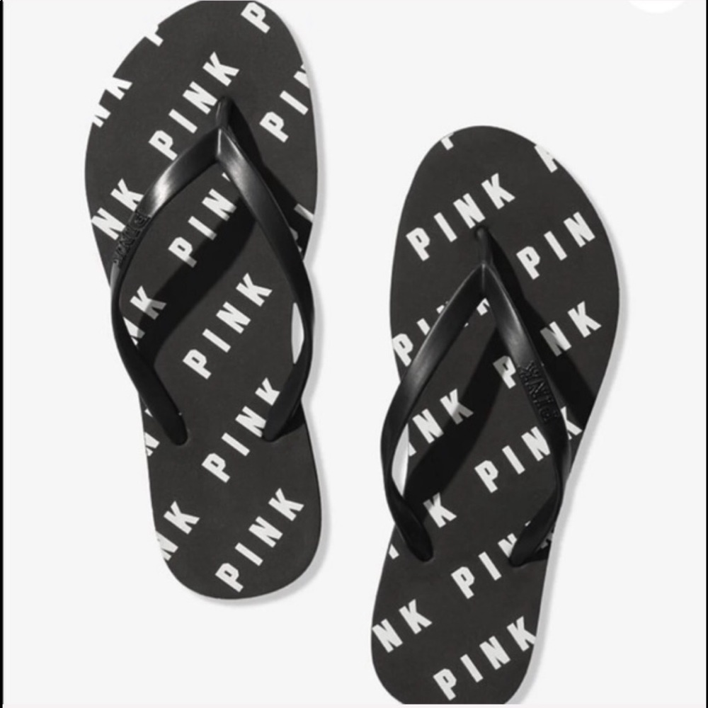 VS Pink Flip Flops Black & White Pink Logo Sz 7/8